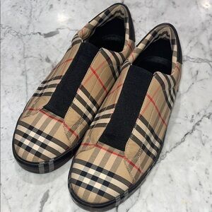 Burberry Beige and Black Plaid Slip-Ons